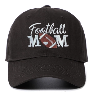 Detail of white Football MOM embroidery with heart on black cotton baseball cap