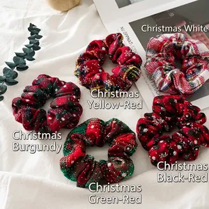 Christmas Plaid Fabric Hair Scrunchies Snowflake Pattern Elastic Large Hair Ties Holiday Party Accessories For Women Girls
