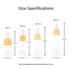 Size chart for glass dropper bottles in 5ml, 10ml, 15ml, and 20ml options with dimensions