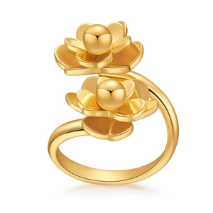 French style 18K gold-plated double flower open ring with layered metallic petals