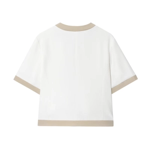 Women's white and khaki short sleeve blazer suit with matching straight leg trousers