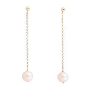 Elegant long gold chain earrings with natural freshwater pearls on a clean white background