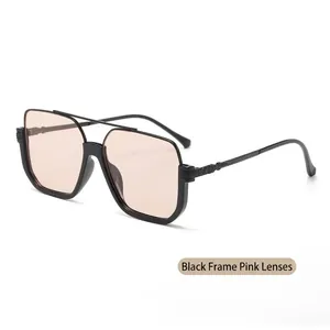 Retro oversized square sunglasses with black frame and translucent pink lenses