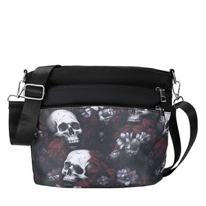Gothic skull and floral print crossbody bag with multi-pocket zipper design and strap