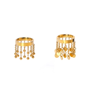 French style gold stainless steel tassel rings with bead and disc pendants on white background