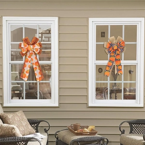 Fall harvest pumpkin decorative bows for windows with orange plaid and burlap patterns