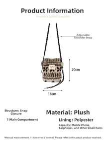 Detail of plush crossbody phone bag showing 16x20cm dimensions and snap closure