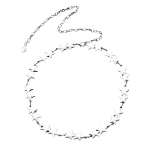 Close-up of silver bohemian waist chain featuring connected metal star links and clasp