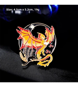Macro view of vintage dragon brooch with dimensions 4.5cm by 5.2cm and 19g weight