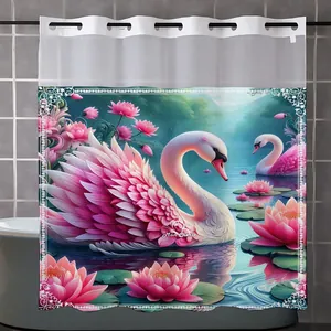 Detail of waterproof swan print shower curtain with durable stainless steel metal eyelets