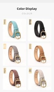 Showcase of six minimalist suede leather belts with vintage gold buckles for women