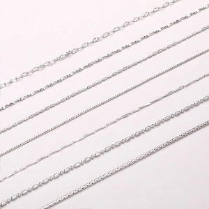 Collection of seven silver jewelry chain styles including snake, bead, and link chains