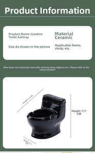 Creative toilet-shaped ceramic ashtray in glossy black finish with size measurements