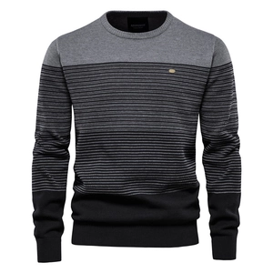 Slim fit men's crewneck knit sweater with grey and black striped gradient pattern