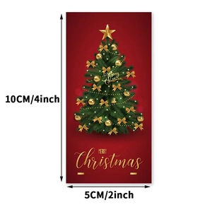 Detailed view of red and gold Merry Christmas gift labels measuring 10x5cm for box sealing