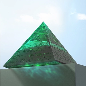 Green translucent Egyptian pyramid mold with hieroglyphics and glowing light base