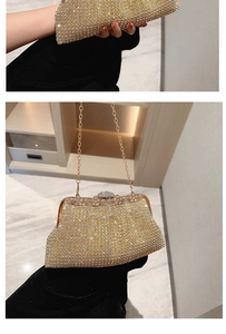 Detailed views of gold rhinestone clutch showing handheld and chain shoulder strap modes