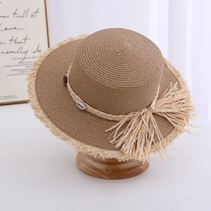 Japanese style flat top straw sun hat with shell decoration and fringe for summer beach