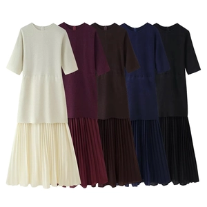Women's round neck short sleeve dress with pleated chiffon hem in five solid colors
