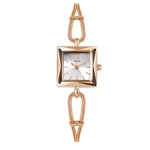 Close-up of rose gold square quartz watch with white dial and woven chain bracelet