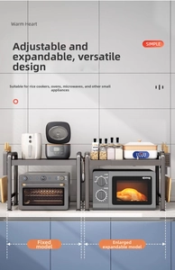 Kitchen microwave rack detail showing adjustable width versus fixed size metal shelves