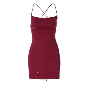 Detailed back view of burgundy mini dress with criss-cross straps and sparkling rhinestones
