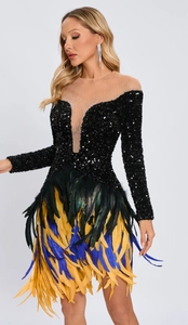 Detail of sequin patchwork and multi-color feather hem on a luxury V-neck party dress