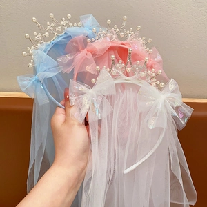 Kids Girls Princess Crown Headband With Long Veil Rhinestone Artificial Pearl Mesh Tulle Sparkling Bow Party Hair Accessories
