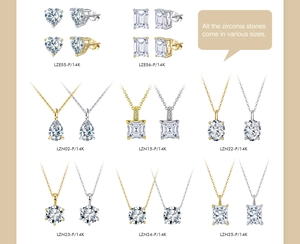 Detailed grid of S925 silver stud earrings and necklaces with premium 8A zircons