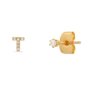 Macro detail of S925 sterling silver letter T stud earring with sparkling cubic zirconia