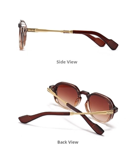 Detailed side and back views of tortoiseshell sunglasses with golden metal temples