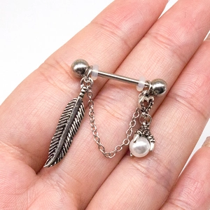 Silver stainless steel nipple ring with feather charm and dragon claw pearl pendant