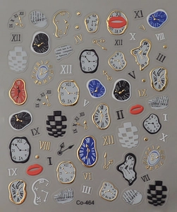 Detail of self-adhesive nail stickers featuring melting clocks and checkered patterns