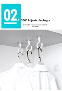 Detail showing 360-degree rotating ceiling hooks for space-saving clothes storage