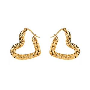 Polished golden heart-shaped hoop earrings with textured finish in stainless steel