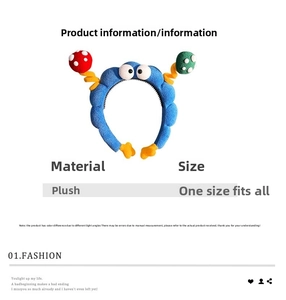 Detail of plush cartoon headband with blue fur and colorful mushroom antenna accents