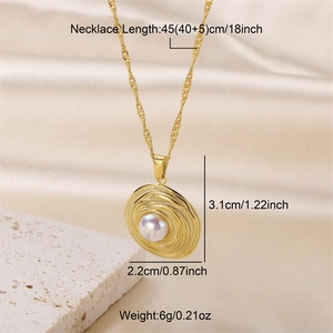 Detail view of gold twisted chain pearl necklace with size dimensions and weight info