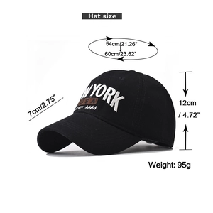 Detail view of cotton baseball cap with New York embroidery and size specifications