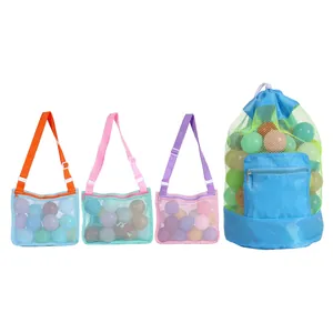 Mesh beach toy storage bags set including small shoulder zip bags and large backpack