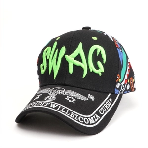 Close-up of SWAG neon embroidery and multicolor geometric pattern on a baseball cap