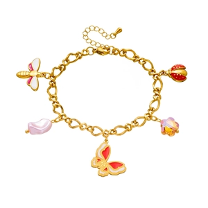 Gold-plated stainless steel chain bracelet with cartoon bee, butterfly and ladybug charms