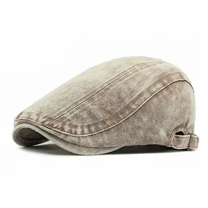Vintage herringbone washed cotton flat cap for men in brown with side metal buckles