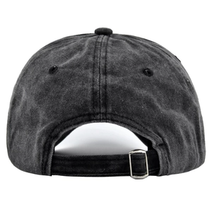 Detail of grey washed cotton baseball cap with silver metal buckle closure