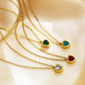 Heart Pendant Necklace Stainless Steel 18K Gold Plated Colorful Zircon Stone Clavicle Chain Elegant Jewelry Women