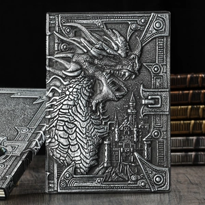 Retro A5 PU leather notebook featuring a 3D embossed silver dragon and gothic castle