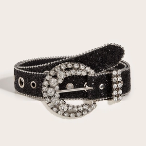 Western style black rhinestone belt with large sparkling buckle and sequined glitter finish