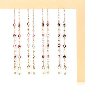 Colorful evil eye eyeglass chains with gold plating and pearl accents for women