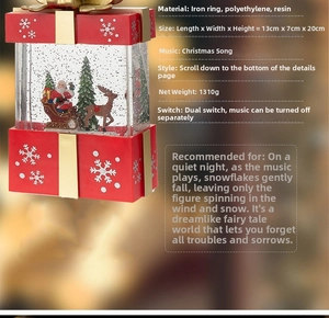 Macro detail of Christmas snow globe gift box with Santa, reindeer and tree specifications