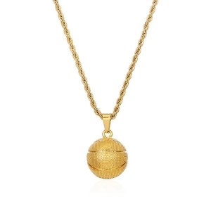 Gold basketball pendant necklace with twisted rope chain made of polished stainless steel
