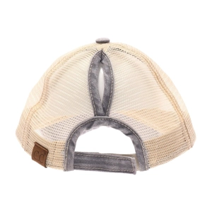 Distressed mesh ponytail baseball cap in beige and grey with adjustable strap and C.C tag